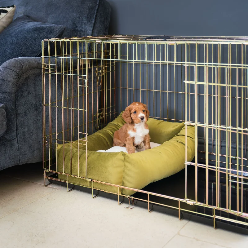 Cosy & Calming Puppy Crate Bed With Removable Covers In Olive Velvet By Lords & Labradors