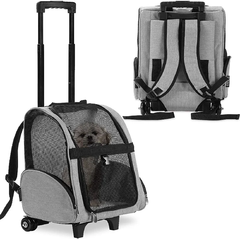 Deluxe Backpack Pet Travel Carrier with Wheels - Approved by Most Airlines - Grey