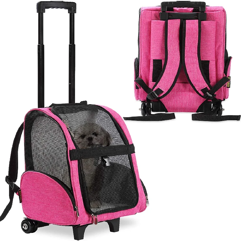 Deluxe Backpack Pet Travel Carrier with Wheels - Approved by Most Airlines - Pink