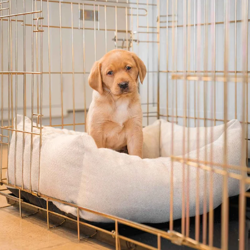 Personalised Cosy & Calming Puppy Crate Bed in Natural Herringbone Tweed by Lords & Labradors