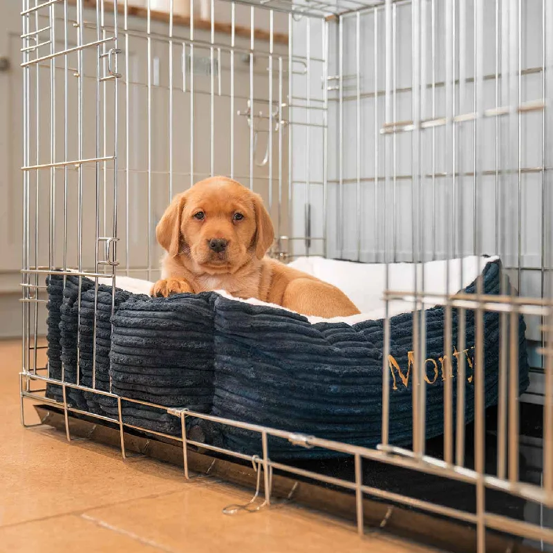 Personalised Cosy & Calming Puppy Crate Bed in Navy Essentials Plush by Lords & Labradors