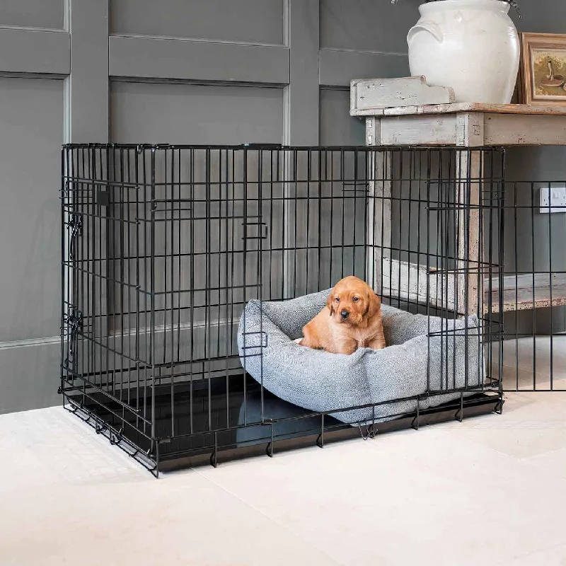 Personalised Cosy & Calming Puppy Crate Bed in Pewter Herringbone Tweed by Lords & Labradors