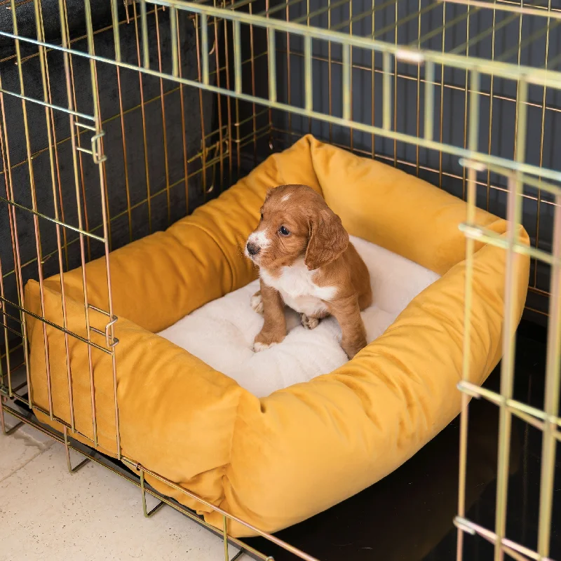 Personalised Cosy & Calming Puppy Crate Bed In Saffron Velvet By Lords & Labradors