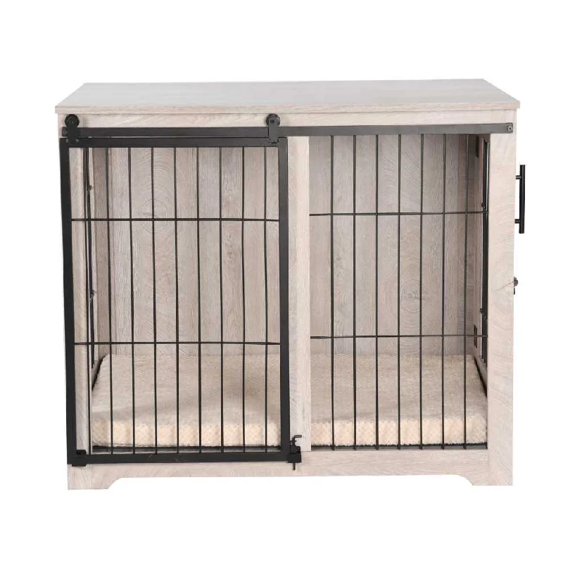 Sliding Door Wooden Dog Crate, Weathered Oak