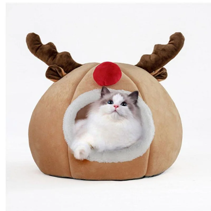 Stibadium Christmas Reindeer Shape Pet Bed Warm Cave Animal Kitten Nest Sleeping Bed Puppy House for Cats and Small Dogs