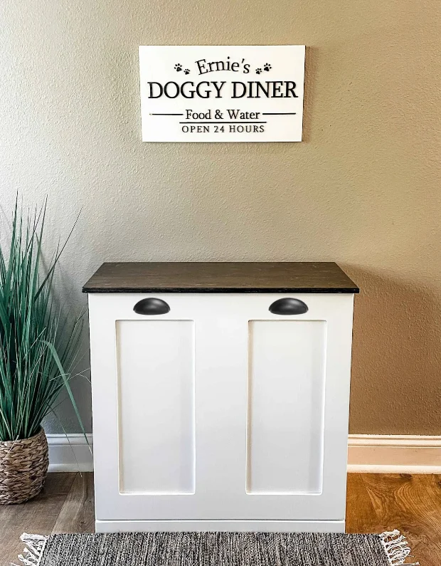 Double style pet food storage farmhouse style with stained top