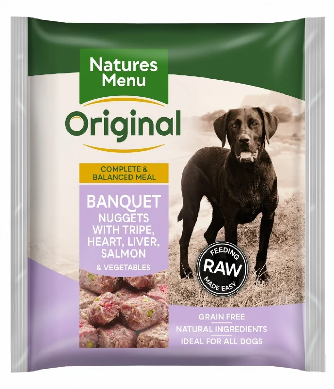 NATURES MENU RAW MEALS  BANQUET DINNER NUGGETS  (60/40 WITH TRIPE, CHICKEN HEART, LIVER, SALMON, VEGETABLES AND BROWN RICE) FOR ADULT DOGS 1KG