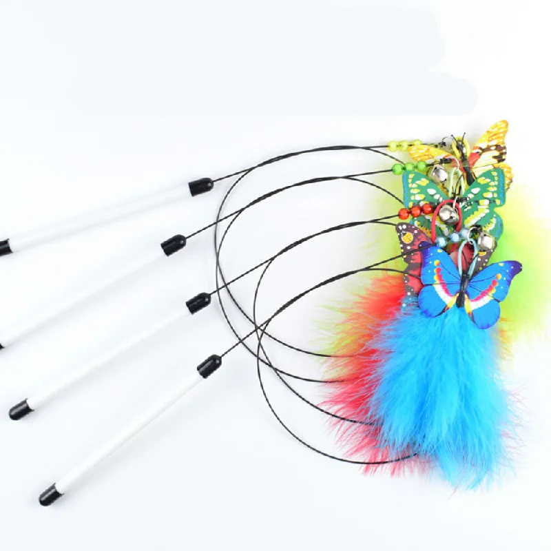 PAWS ASIA Factory Steel Wire Long Fluffy Interactive Butterfly Cat Toy Stick With Feather