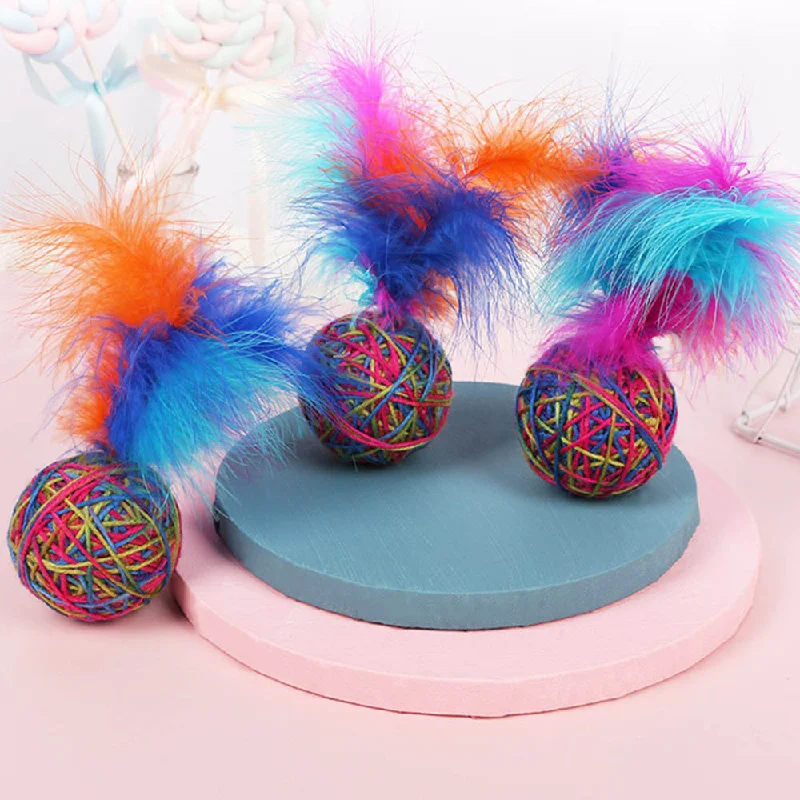 PAWS ASIA Suppliers Custom Hand Woven Colorful Stuffed Interactive Trainer Cat Ball Toy Feather