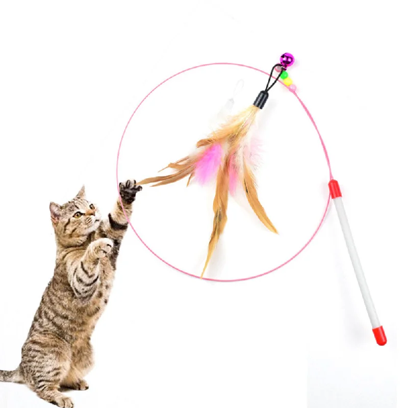 PAWS ASIA Wholesale High Quality Steel Wire Interactive Bells Feather Funny Cat Toy Teaser Wand