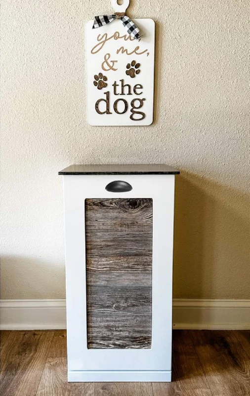 Single style pet food storage in white with a cedar look front  stain top farmhouse style door