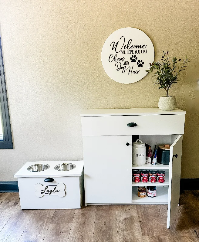 Counter tall pantry style pet food storage in white