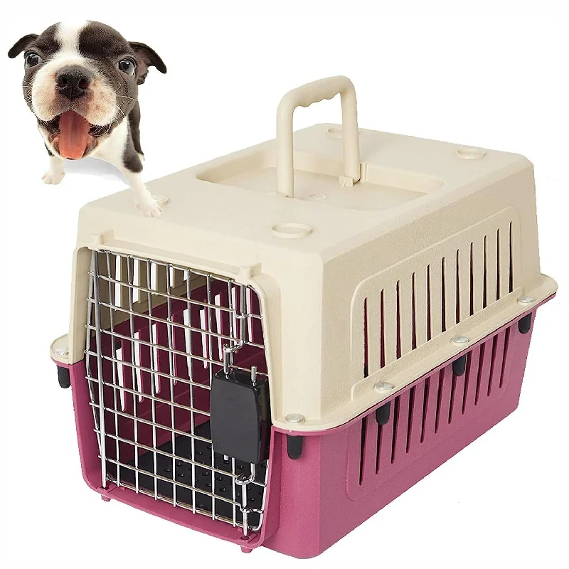 Medium Plastic Cat & Dog Carrier Cage Portable Pet Box Airline Approved Outdoor Kennel Car Travel Box, Red